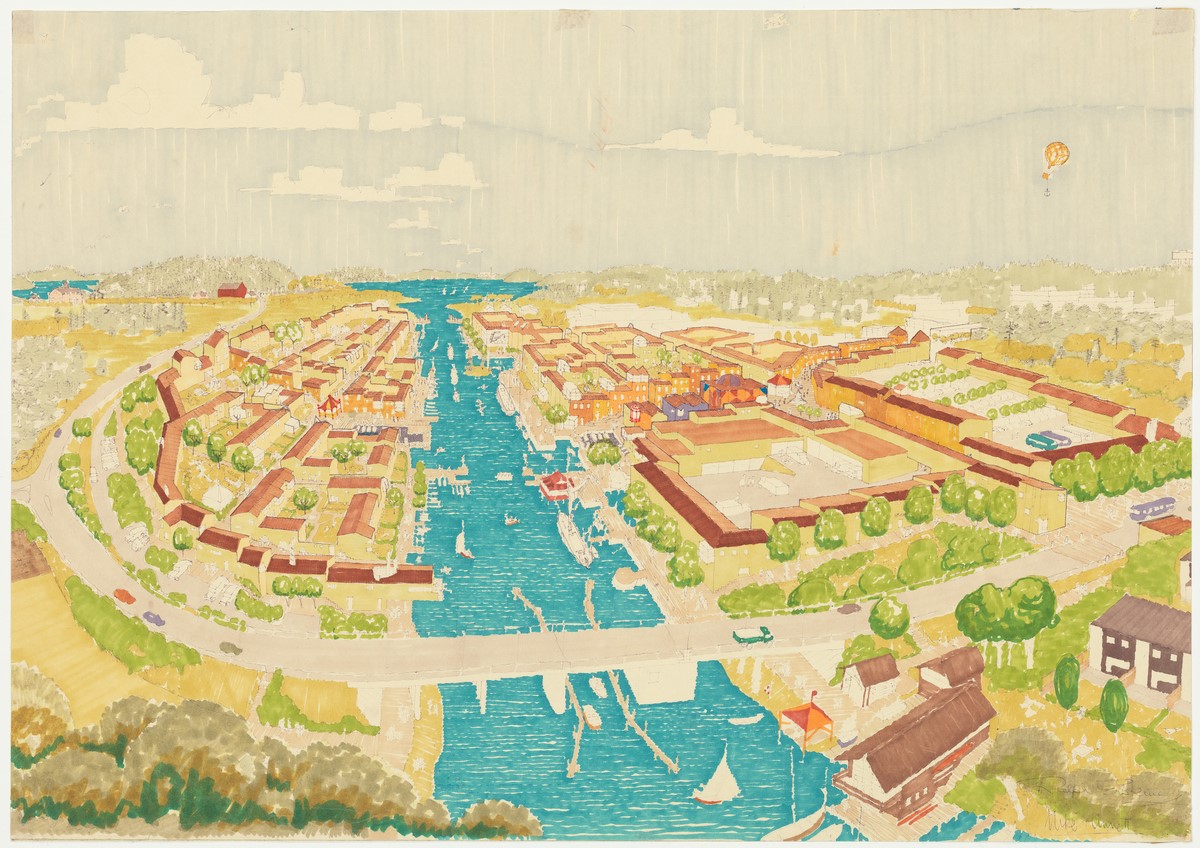 En tidig illustration över Ekerö centrum.