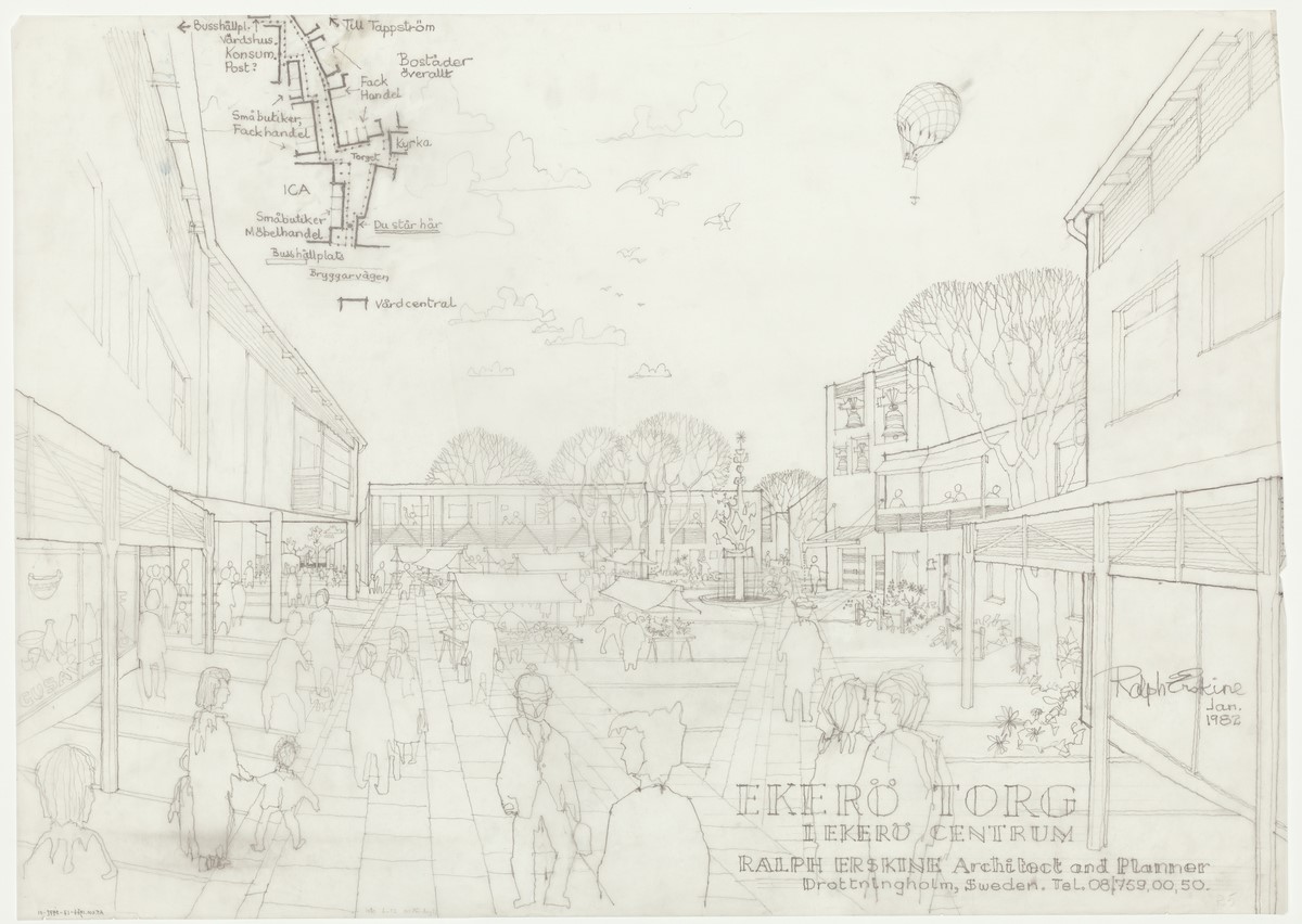 Tidig illustration av Ekerö centrum av arkitekten Ralph Erskine.