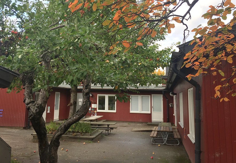 Röd, låg träbyggnad. Ett träd står framför byggnaden och några bänkar och bord..