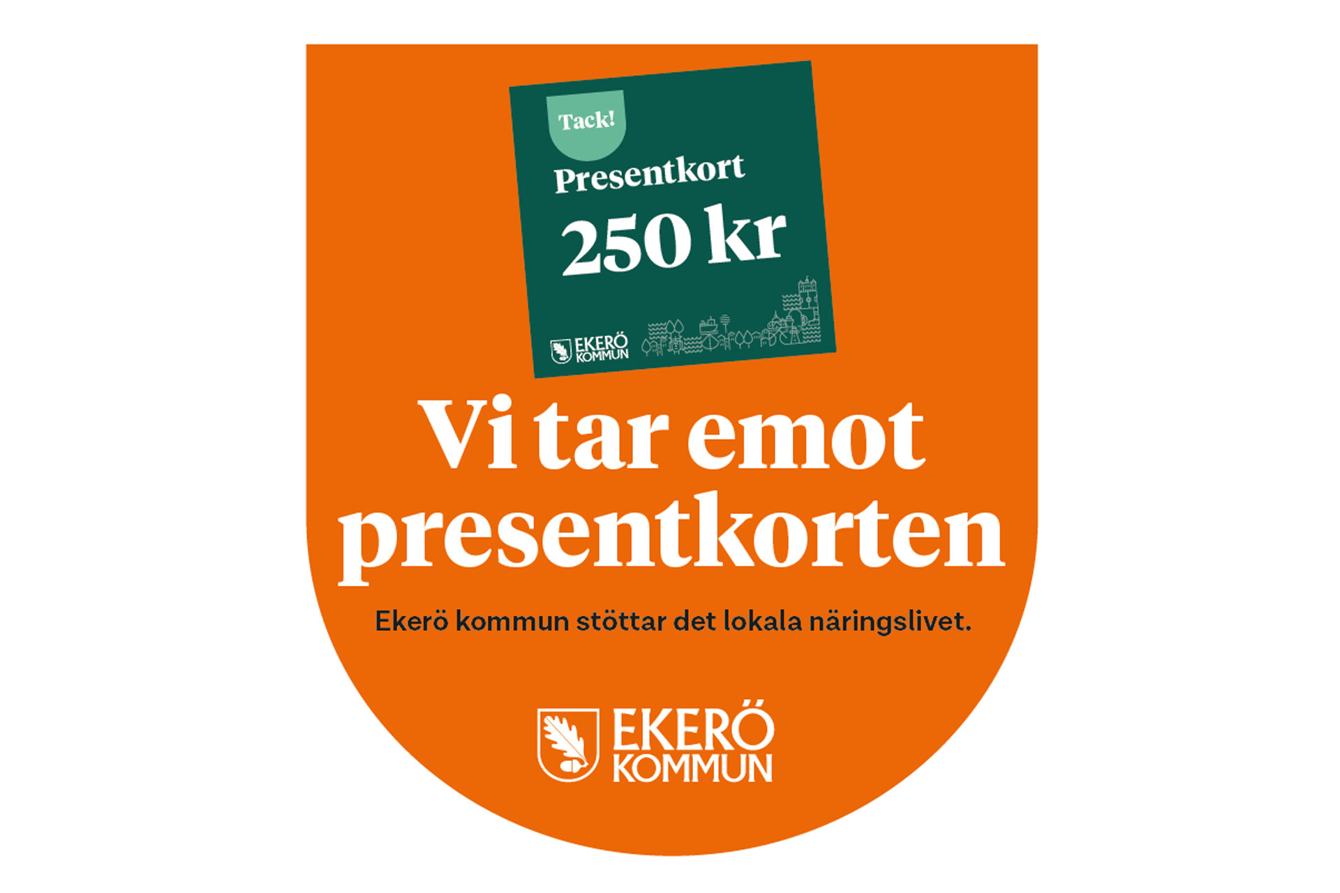 Illustrerad bild över dekalen som alla företag får som tar emot presentkorten. Orange bakgrund med grönt presentkort med texten 250 kronor.