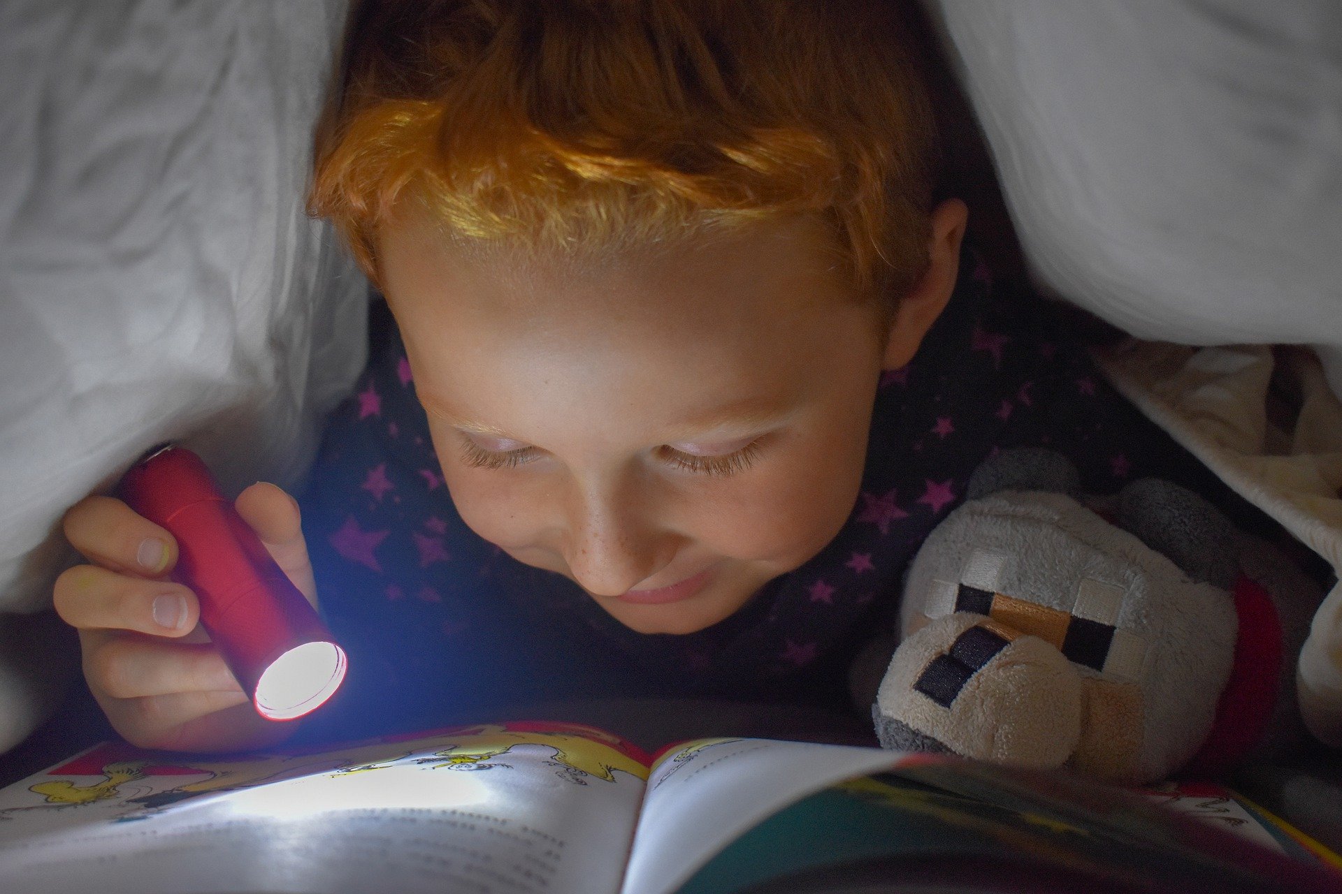 Barn som läser med ficklampa under täcket.