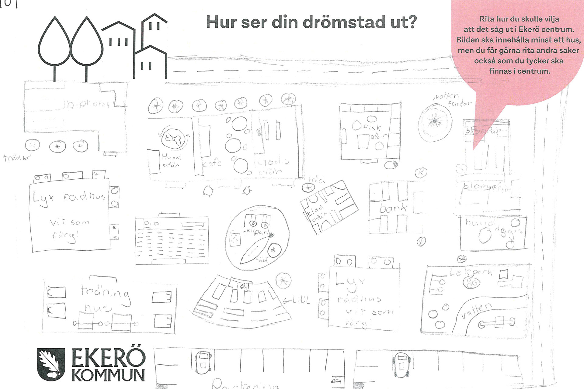 Teckning ritad av barn hur de vill att Ekerö centrum ska se ut. Hus och affärer i flera färger. 