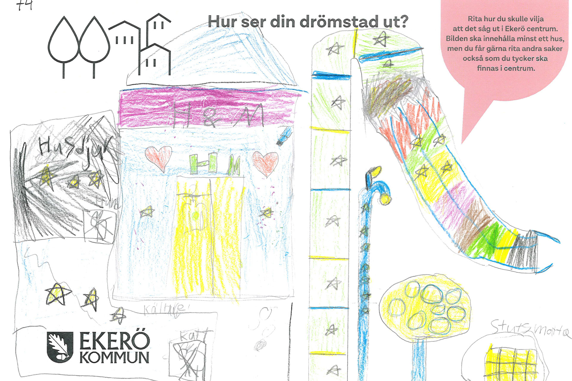 Teckning ritad av barn hur de vill att Ekerö centrum ska se ut. Hus och affärer i flera färger.