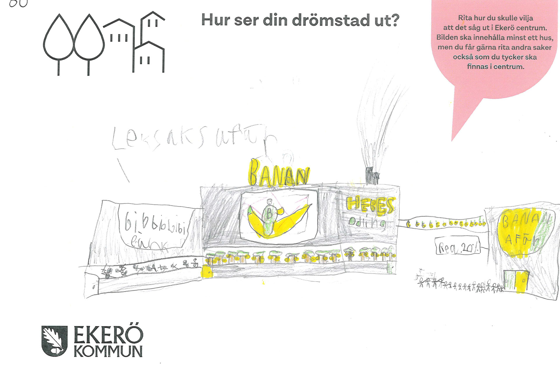 Teckning ritad av barn hur de vill att Ekerö centrum ska se ut. Hus och affärer i flera färger.