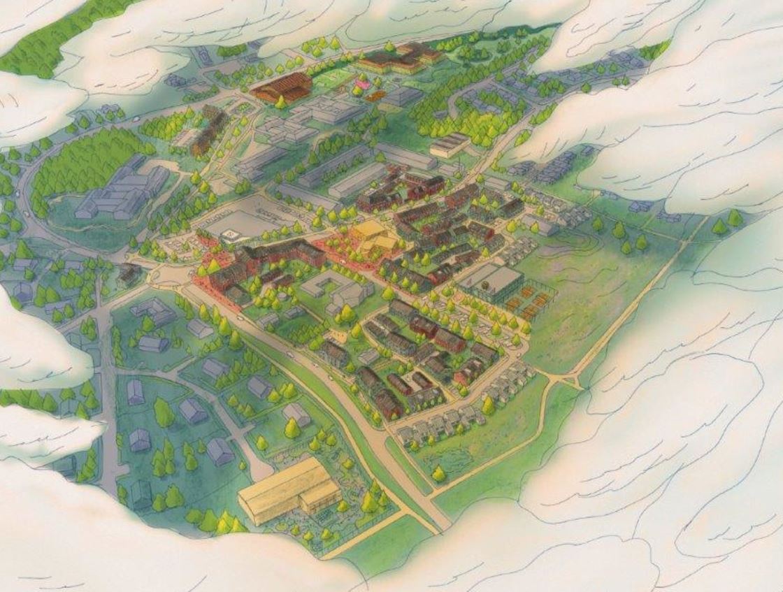 En ritad bild som visar en vision av Stenhamra centrum uppifrån och hur det kan komma att se ut. 