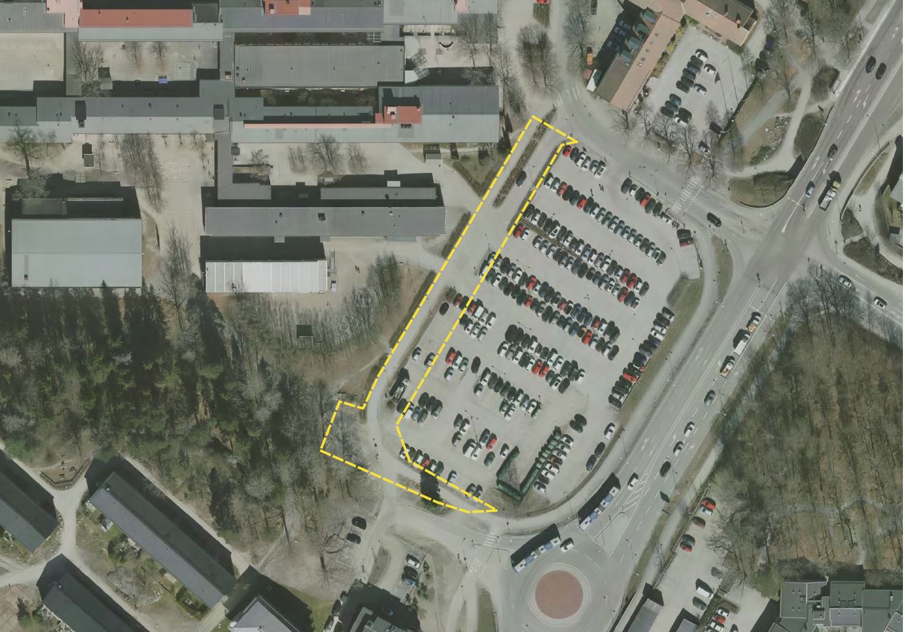 Flygfoto som visar området i Tappström 2:1 som är berört av detaljplaneändringen.