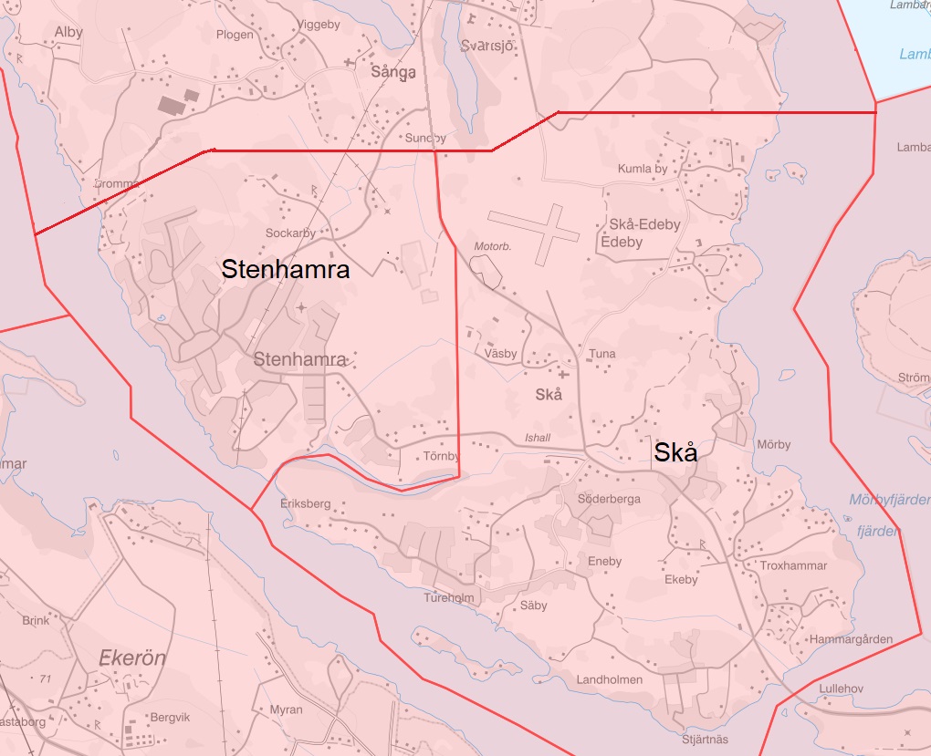 Kartbild över Stenhamra och Skå skolors upptagningsområde