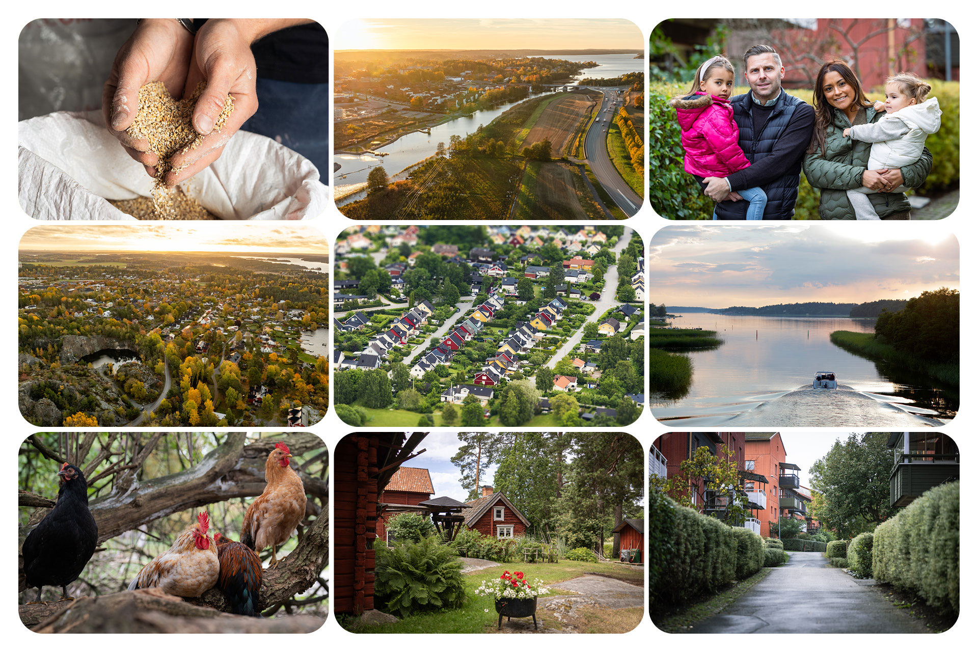 bilden innehåller nio olika bilder över Ekerö. Flygbilder, Ekerö centrum, höns och människor