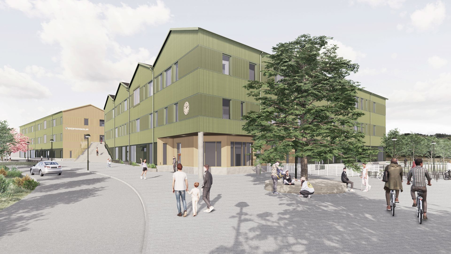 Illustration av nya skolan på Bryggavägen. Två byggnader i tre våningar, träfasad i grön färg. 