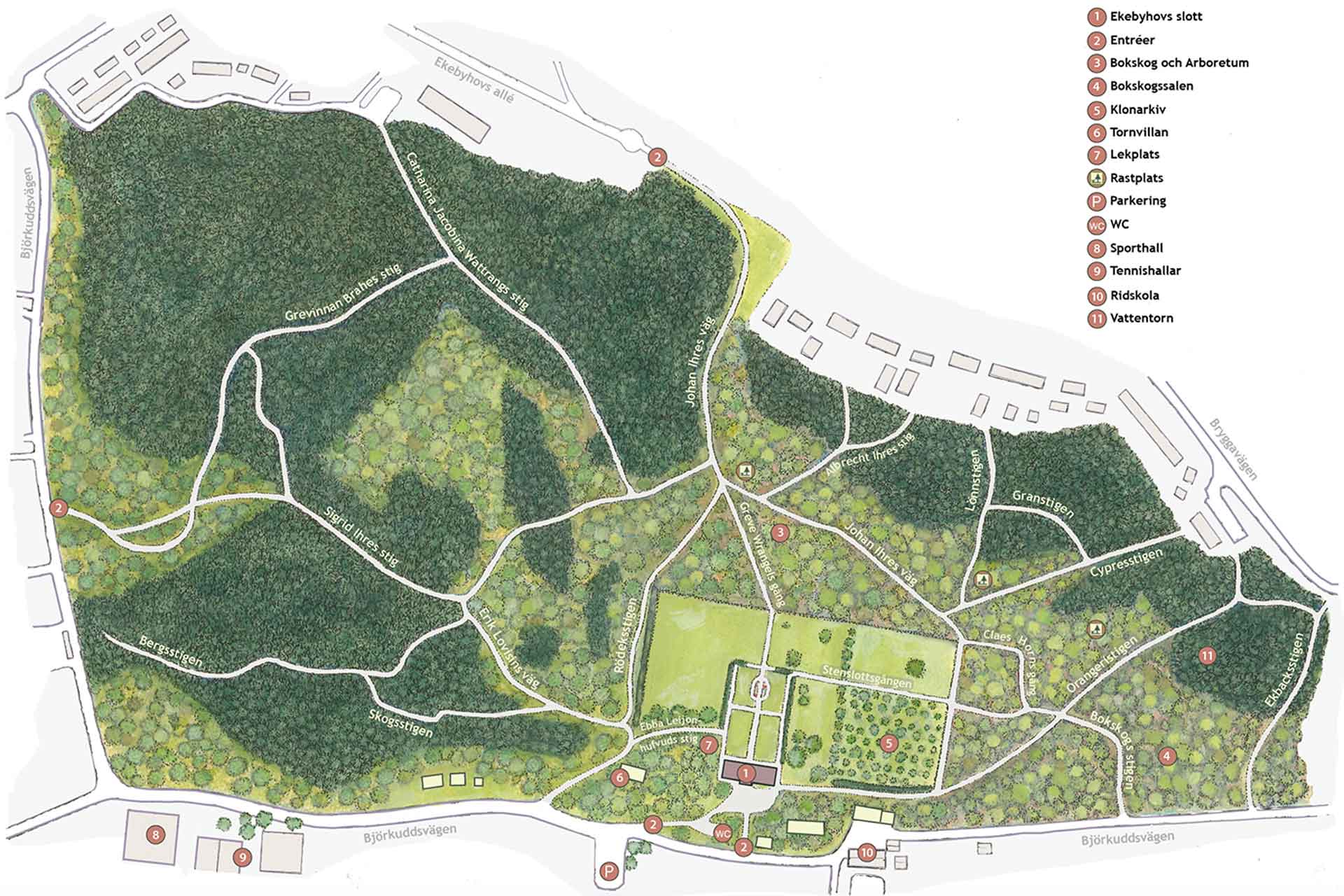Illustrerad karta över Ekebyhovs slottspark.
