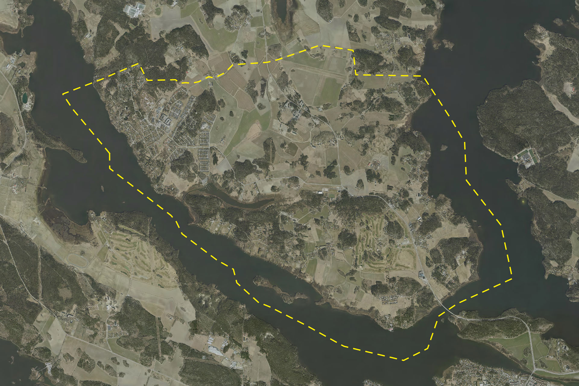 Flygfoto som visar området som berörs av den fördjupade översiktsplanen på Södra Färingsö