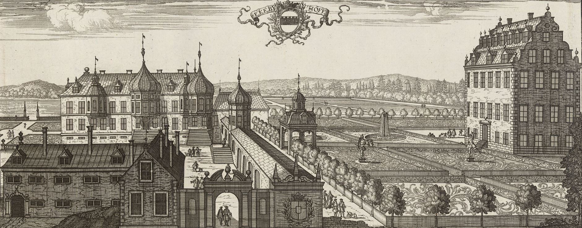Illustration av stenslottet Ekebyhoff 1600-tal (Dahlbergh)
