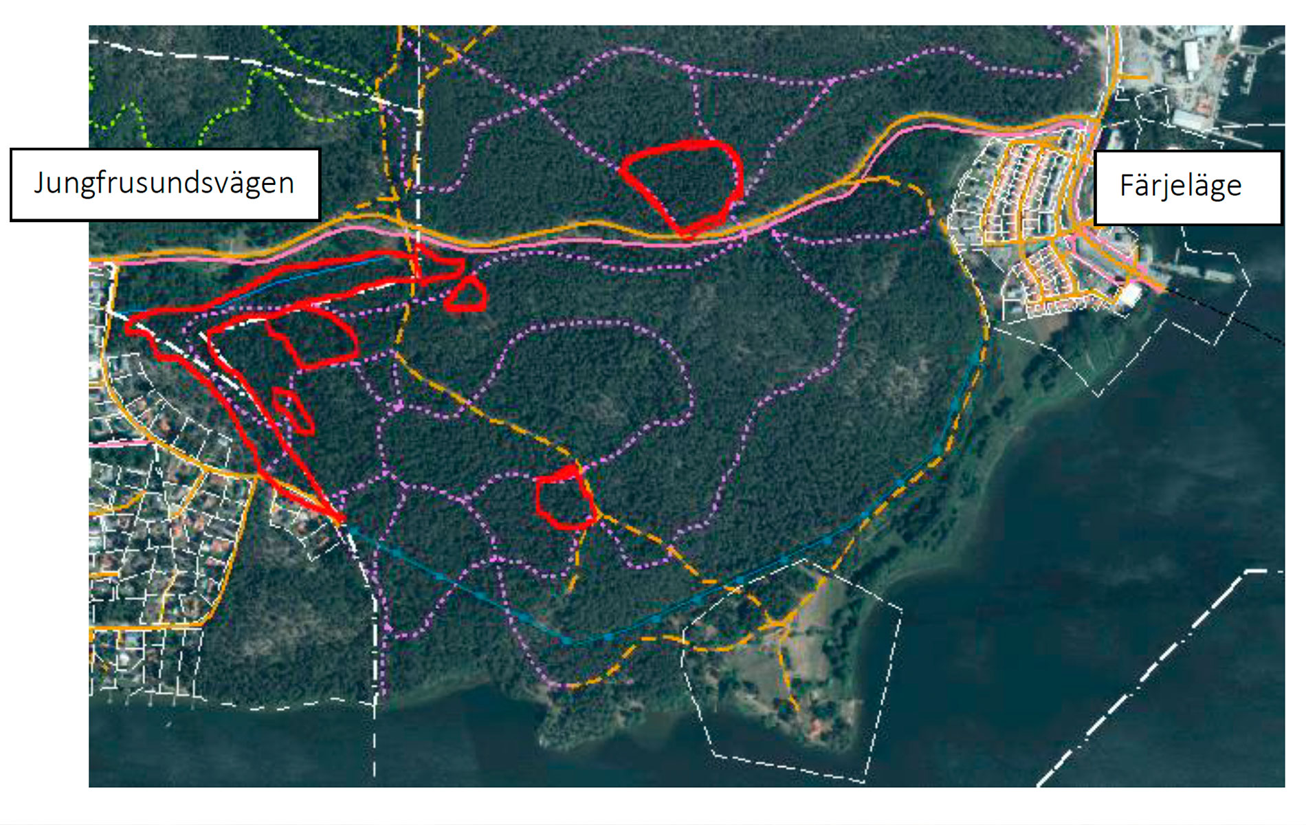 Karta över Jungfrusundsåsen. De områden där träd ska fällas är inringade med röd markering