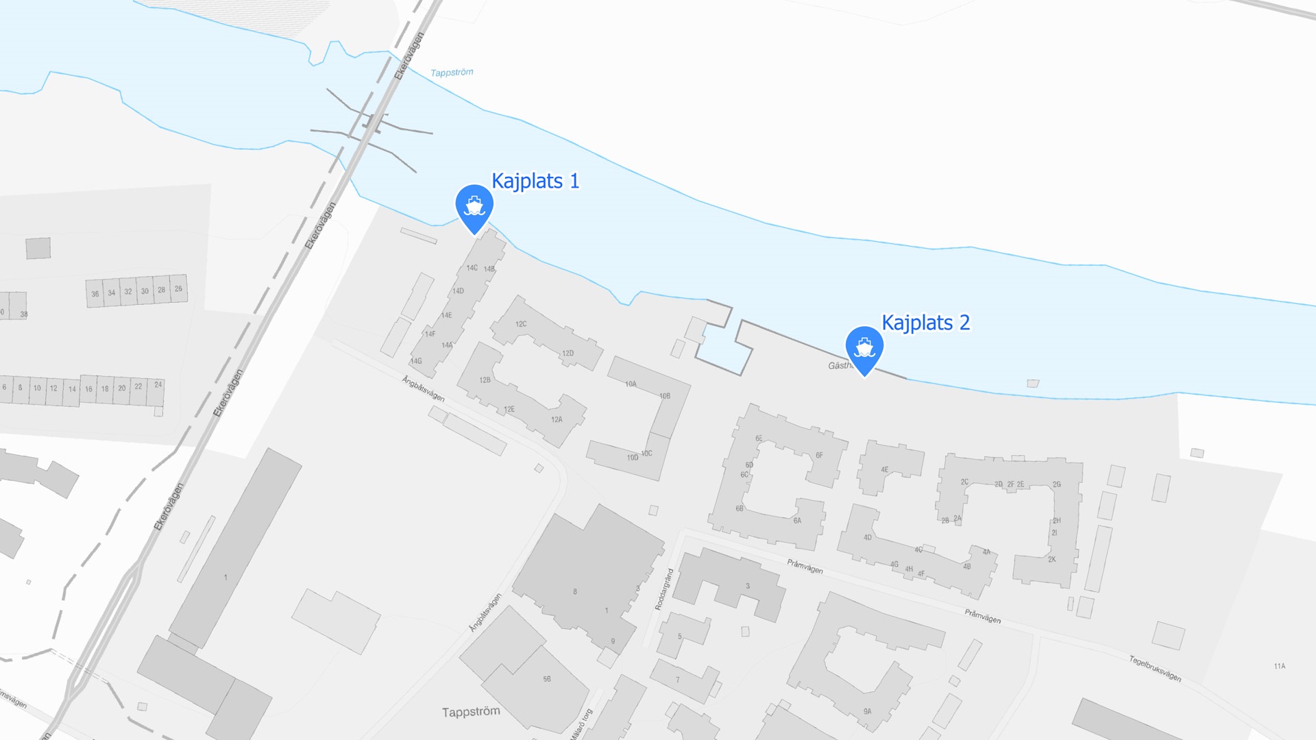 Karta över Ekerö centrum där pendelbåtens olika kajplatser är markerade