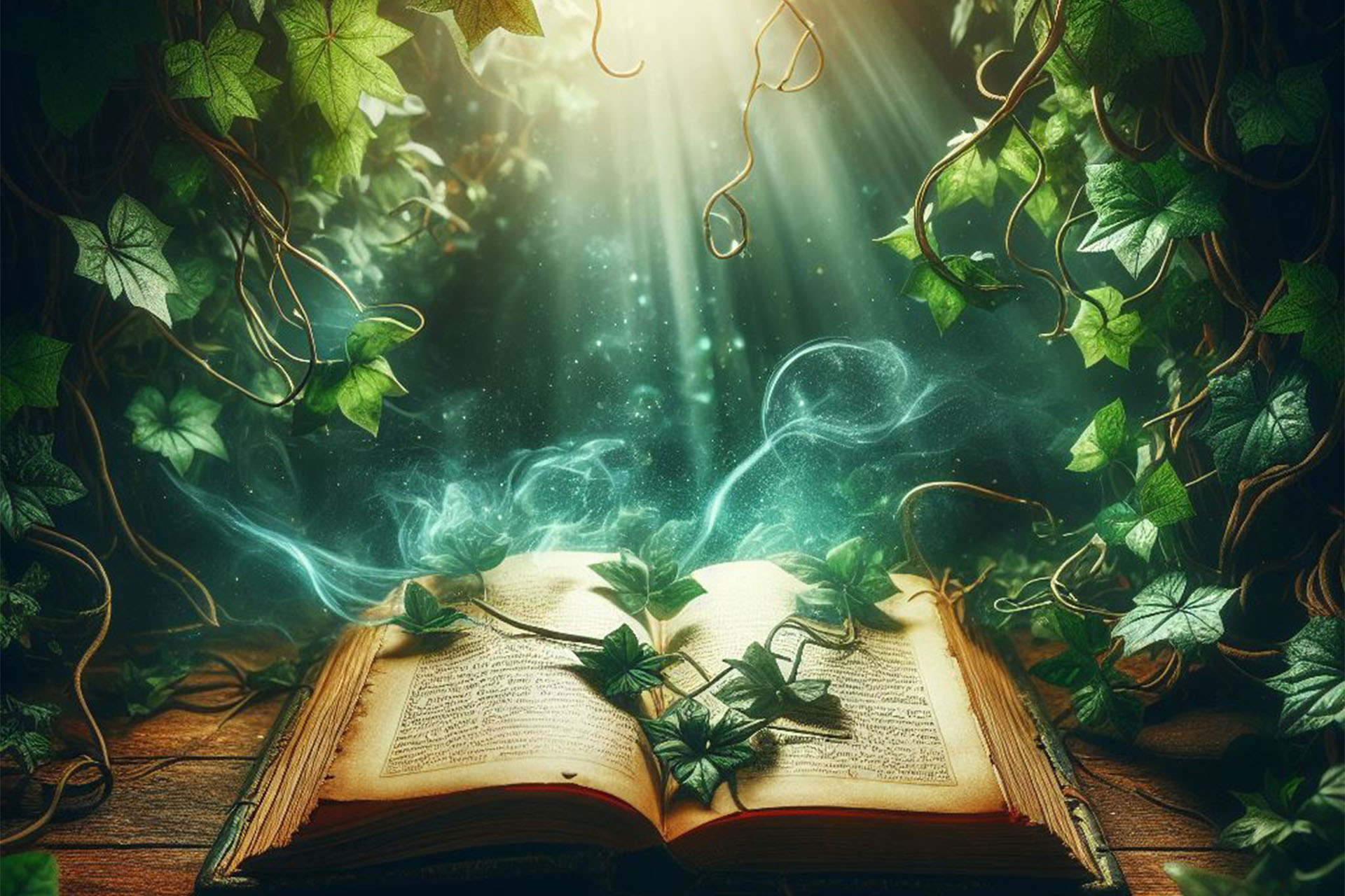En sagobok omgiven av ett magiskt sken och slingrande växter.
