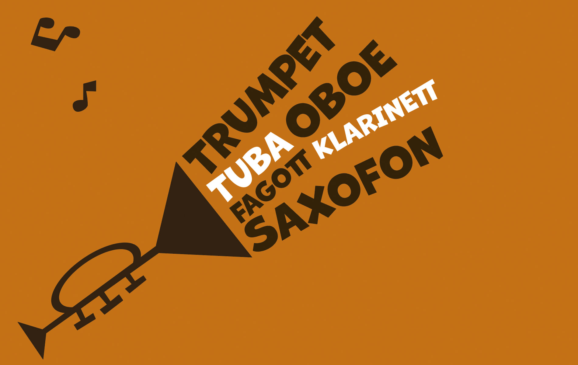 Illustrerad svart trumpet mot brun bakgrund som blåser ut orden: trumpet, tuba, oboe, fagott, klarinett,saxofon.