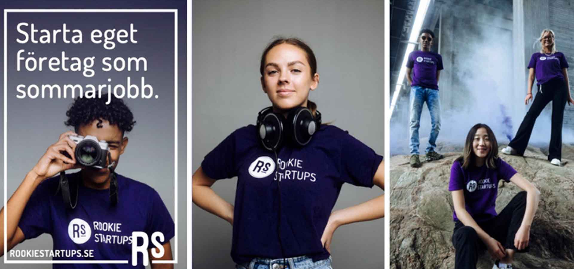 Tre bilder på tre unga personer med t-shirts där det står Rookie startups. Den ena bilden har texten "Starta eget företag som sommarjobb".