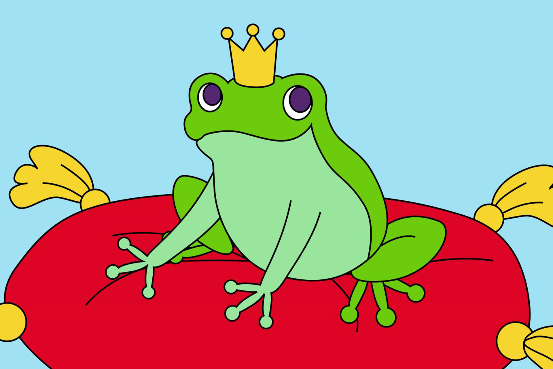 En tecknad groda med krona på huvudet som sitter på en röd kudde
