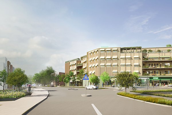 Gestalningsbild på nytt vårdboende vid Träkvista torg. Byggnaden har fem våningar. Framför finns ett torg med enstaka träd på. 