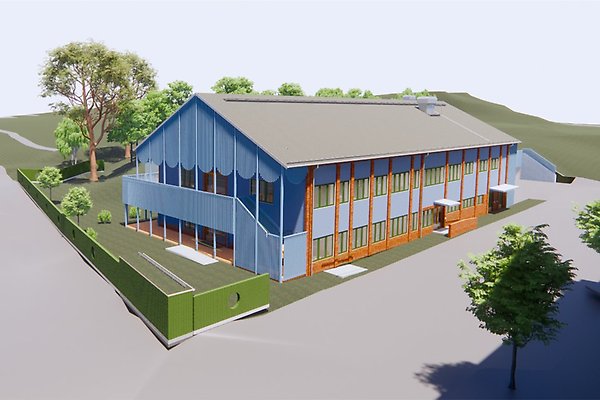En blå byggnad i två plan. Illustration över förskolan sedd från framsidan.